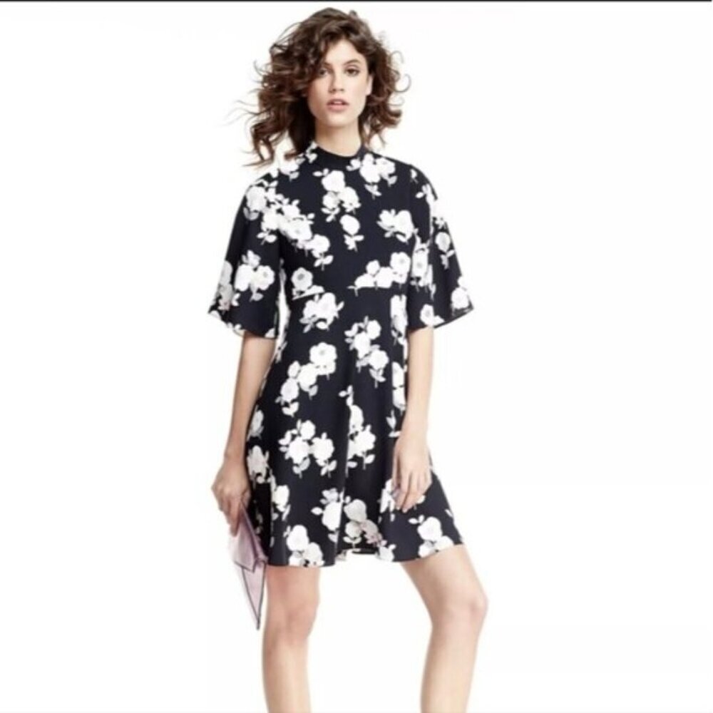 Kate Spade Posey Black Mock Turtleneck Floral Swing Dress Size 2